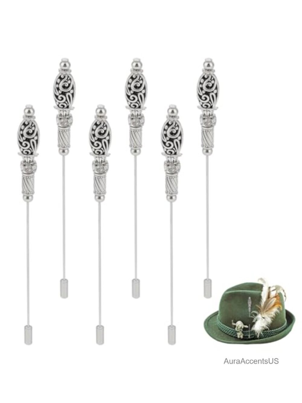 6pc Vintage Long Handle Hat Pins 4.9in Alloy Lapel Stick Pin Set